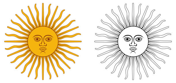 Sun of May - national emblem of Argentina and Uruguay. Yellow circle with human face, with 32 rays, 16 straight / wavy, representing Inti god. Color / black and white version. Sun of May - national emblem of Argentina and Uruguay. Yellow circle with human face, with 32 rays, 16 straight / wavy, representing Inti god. Color / black and white version. inca stock illustrations