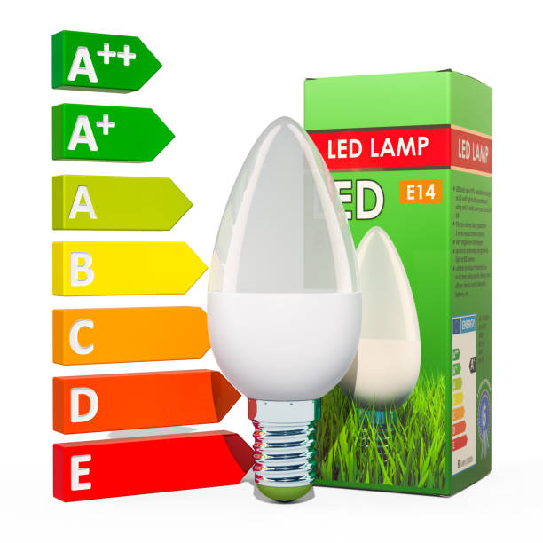 Saving energy consumption concept. Energy savings LED lamp with cardboard box. 3D rendering isolated on white background