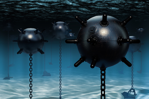 Underwater mines, naval mines. 3D rendering