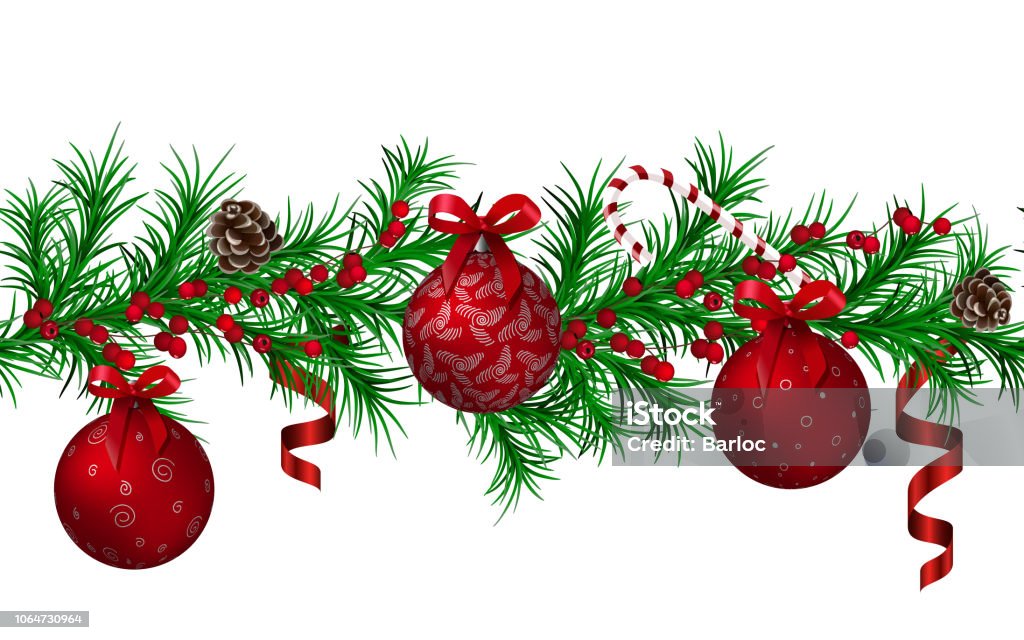 Christmas fir garland seamless pattern, red metallic shiny christmas balls and ribbons, cones, candy cane, red berries. Christmas fir garland seamless pattern, red metallic shiny christmas balls and ribbons, cones, candy cane, red berries. Place for text. For Web decoration, posters, greetings, vector illustration Christmas stock vector