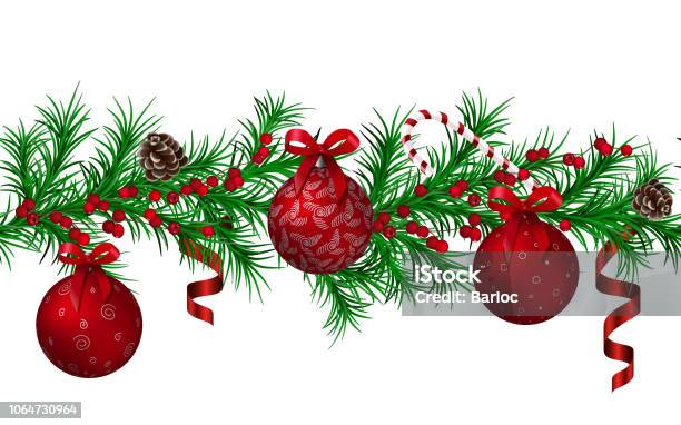 Christmas Fir Garland Seamless Pattern Red Metallic Shiny Christmas Balls And Ribbons Cones Candy Cane Red Berries Stock Illustration - Download Image Now