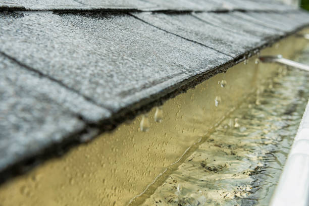 istock Rain running off roof shingles into gutter on a residential home 1064731096