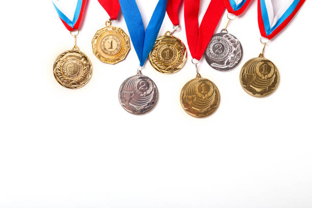 istock Gold and silver medals with ribbon on white background. 1064732414