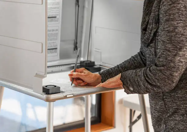 Woman voting in election in the USA. Government elections are held for federal, state and local elections allowing citizens to cast their votes for candidates and measures on a ballot.