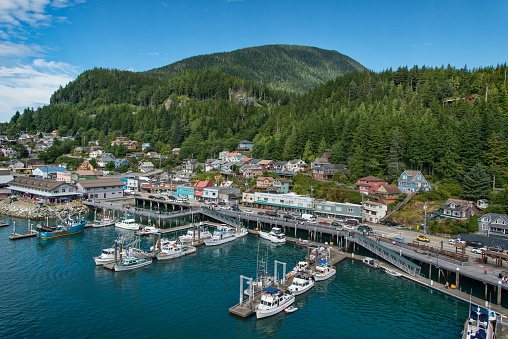 View of Ketchikan, Alaska, harbor and city location amongst the hills