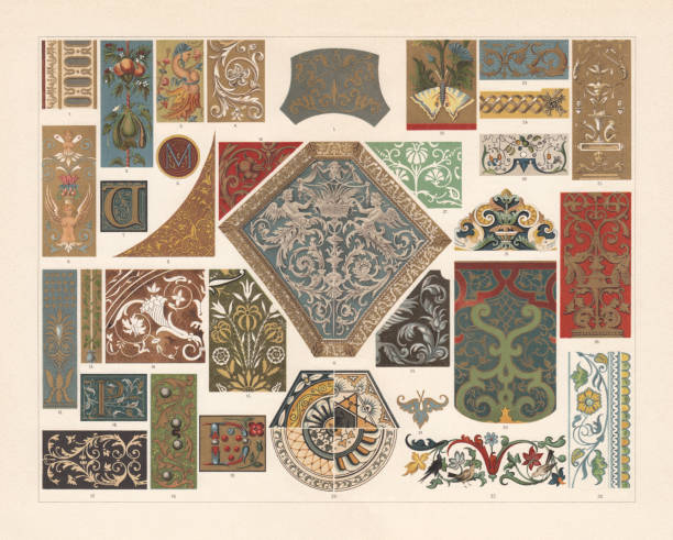 Various patterns of the Renaissance, chromolithograph, published in 1897 Various patterns of the Renaissance: 1) Ceiling in the Ducal palace, Mantua, Italy; 2, 3, 6, 13) Frescos from the Vatican loggias; 4, 7, 10, 13) From the mass-book Pope Leo X; 5) Ceiling in the San Maurizio, Milan, Italy; 8) Initial M; 9) Ornament of a picture frame; 11) Ceiling in the Palazzo Doria; Genoa, Italy; 12) Venetian enamel; 14) Wood mosaic from Santa Maria in Organo, Verona, Italy (1499); 15) Ornament of an Italian leather bowl (16th century); 16) Initial P (mass-book); 17) Inlay (French, 16th century); 18) Italian book ornament; 19) Initial D (mass-book) with the five bullets of the Medici coat of arms; 20) Four quarters of Italian majolica tiles; 21) French miniature art; 22) from the prayer book of French Queen Anne of Brittany; 23) Stone ornament from Château de Châteaudun, France; 24) French manuscript (rand strip ornament); 25) Pilaster ornament from the Palace of Fontainebleau; 26) Stone ornaemt from the Château de Blois (1530); 27) Glazed stove tiles (German, 17th century); 28) Enameled silver plate (German, 16th century); 29) From a manuscript of Hans Schäufelin (1538); 30) Goblet design in enamel and gold by M. Hauch (Augsburg, Germany, 1571); 31) Glazed oven ornament by Augustin Hirschvogel (Nuremberg, Germany, 16th century); 32) Glazed clay jug (German, 1590); 33) From a German prayer book (1520). Chromolithograph, published in 1897. fresco stock illustrations