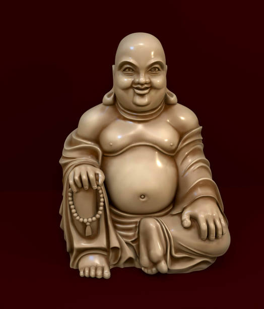 istock Netsuke Buddha miniature on dark red background. 3 d illustration. 1064742928