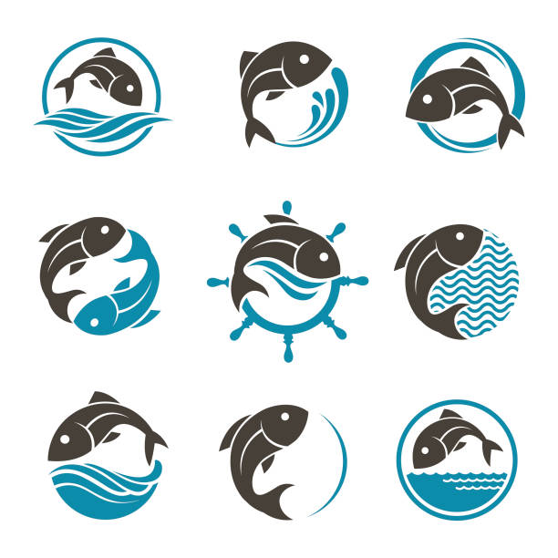 ilustraciones, imágenes clip art, dibujos animados e iconos de stock de conjunto de iconos de peces - aparejo de pesca ilustraciones