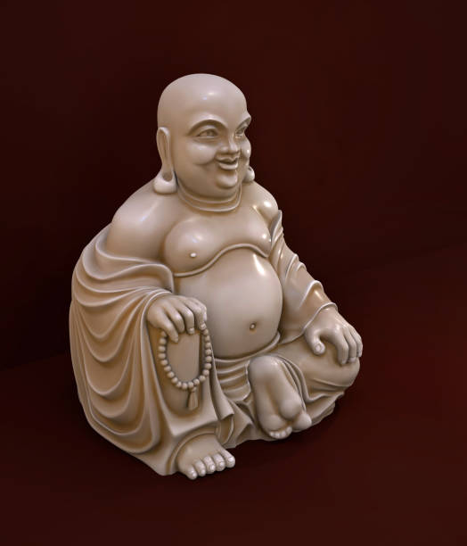 istock Netsuke Buddha miniature on dark red background. 3 d illustration. Side view. 1064743910