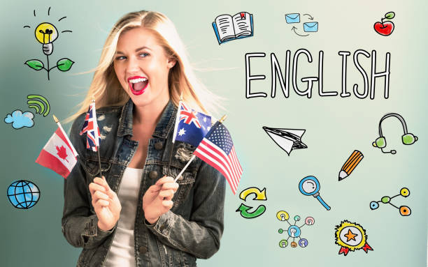 istock English theme with young woman holding flags 1064746006