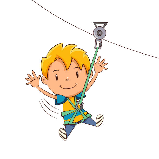 Kid ziplining tour Child ziplining tour, cute kid, ride, adventure, sport, zip line, harness, young man, person, boy, happy cartoon character, vector illustration, isolated, white background zip line stock illustrations