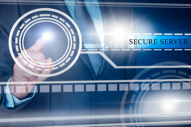 istock Virtual scrren with businessman choosing security with text and space for logo. 1064784126