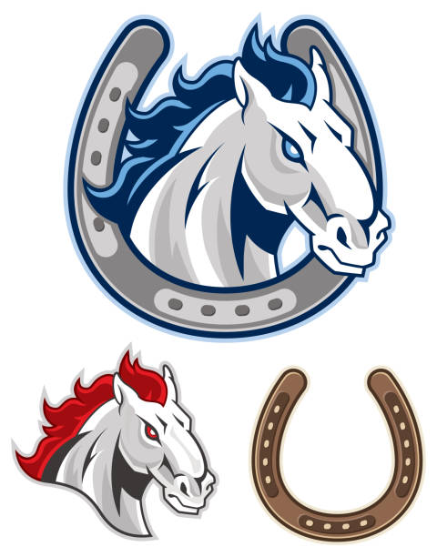 Horse Head and Horseshoe Mascot A mascot graphic of a horse head inside a horseshoe, as well as the horse head and horseshoe isolated on their own high school sports stock illustrations