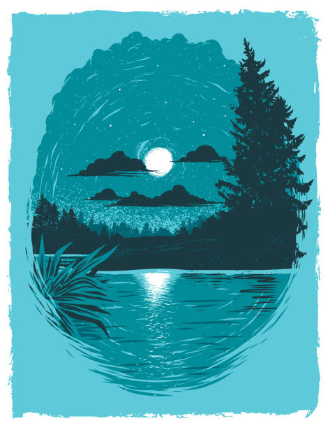 ilustrações de stock, clip art, desenhos animados e ícones de screen printed poster of moonlit lake - casas de madeira modernas