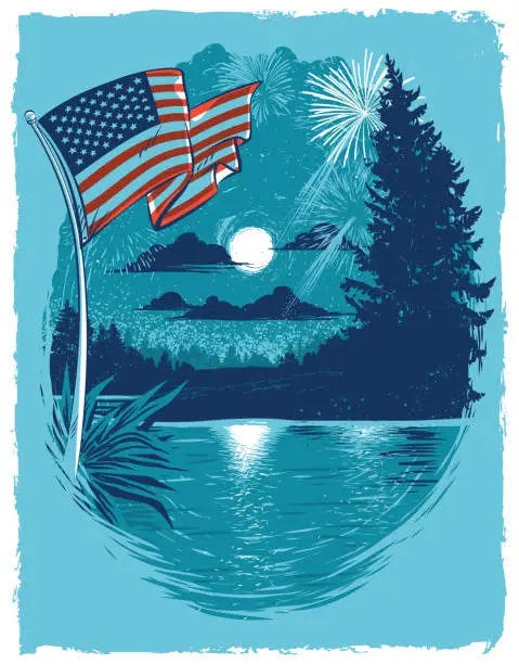 Vector illustration of Moonlit Lake on the 4th of July