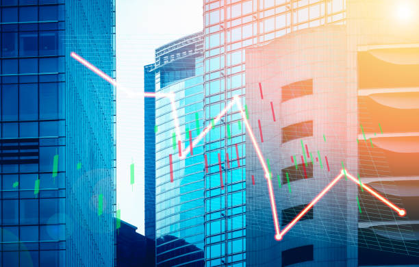 istock Stock index graph and chart in modern building background (red bear chart) 1064785928
