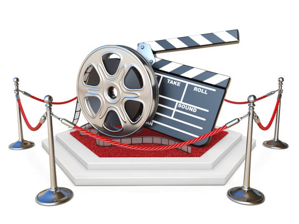 Film reel and clapper board on podium with red carpet 3D