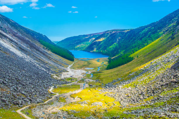 widok z lotu ptaka na górne jezioro w glendalough, irlandia - standing water grass area meadow lawn zdjęcia i obrazy z banku zdjęć