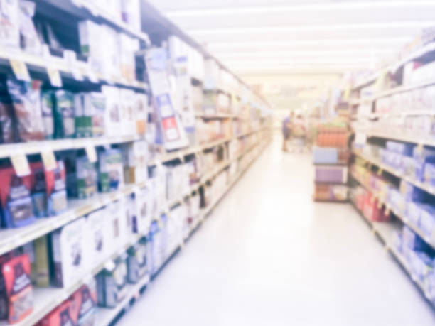istock Blurry background customer shopping for convenient breakfast at American supermarket 1064801362