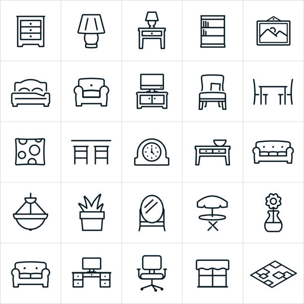 Furniture Icons A set of furniture icons. The icons include furniture items of a dresser, lamp, night stand, book shelf, picture, bed, chair, love seat, couch, television, entertainment center, seat, dining table, decorative pillow, bar, clock, coffee table, sofa, chandelier, plant, mirror, table, computer desk, office chair, and area rug. bed furniture stock illustrations