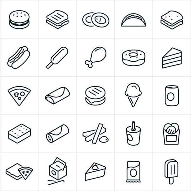 Fast Food Icons A set of fast food or junk food icons. The icons include a hamburger, grilled cheese sandwich, onion rings, taco, sandwich, hotdog, corn dog, chicken leg, doughnut, cake, pizza, burrito, ice cream cone, soda, ice cream sandwich, french fries, Chinese food, pie, candy bar and popsicle. sandwich symbols stock illustrations