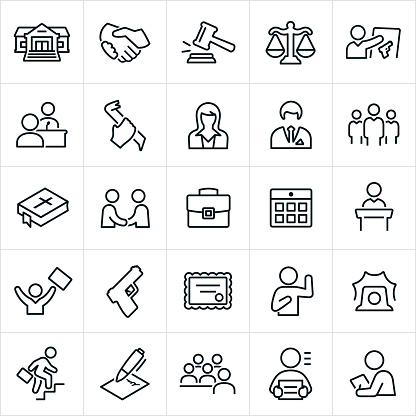 A set of law, crime and justice icons. The icons include a courtroom, handshake, lawyer, defendant, plaintiff, jury, gavel, evidence, testimony, examination, criminal, female, male, team, lawyers, law team, bible, briefcase, calendar, gun, oath, law enforcement and other related icons.