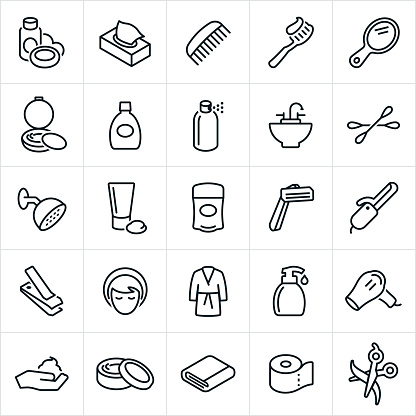 Icons representing common personal care and hygiene. The icons include soap, shampoo, tissue, comb, tooth brush, mirror, makeup, mouth wash, sink, cotton swab, shower, body cream, deodorant, razor, curling iron, fingernail clippers, woman, female, robe, lotion, hair dryer, shaving cream, towel, toilet paper and hair cutting.