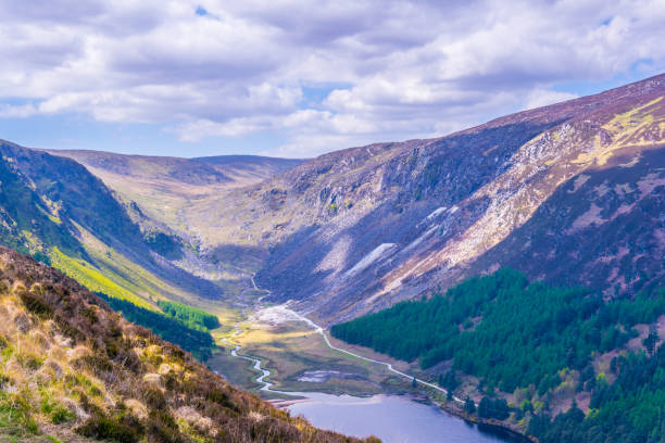 widok z lotu ptaka na górne jezioro w glendalough, irlandia - standing water grass area meadow lawn zdjęcia i obrazy z banku zdjęć