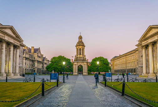 Campanile inside of the trinity college campus in Dublin, ireland