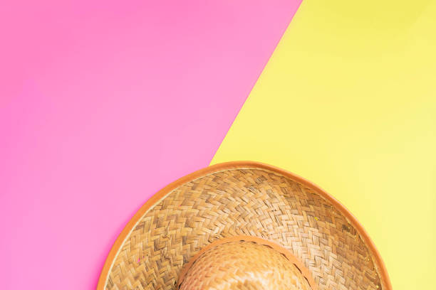 top view of summer hat on creative color surface with copy space