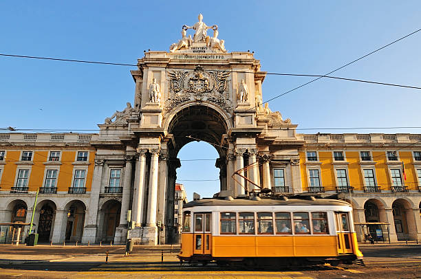 Typical Tram in Commerce Square, Lisbon, Portugal  baixa stock pictures, royalty-free photos & images