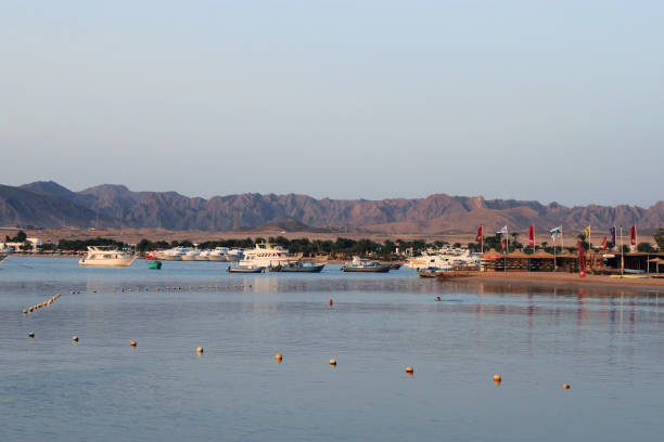 залив и лодки на воде. лодочная станция на берегу. низкие горы на расстоянии. курорт на побережье красного моря, египет - safaga стоковые фото и изображения