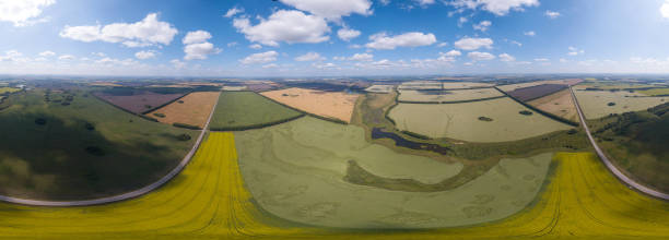 vista aerea di campi agricoli di diverso colore ritagliarsi sotto un cielo cristallino con nuvole in una giornata calda e soleggiata. panorama a 360 gradi. - clear sky panoramic grass scenics foto e immagini stock