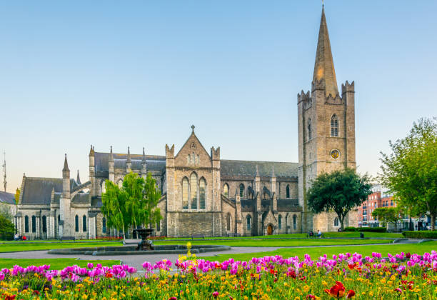 vista nocturna de la catedral de san patricio en dublín, irlanda - dublin ireland place of worship church travel destinations fotografías e imágenes de stock