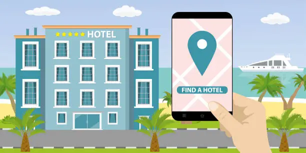 Vector illustration of hand holding smartphone with navigation application,find or booking hotel concept