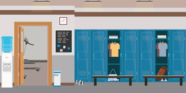 Dressing room interior with lockers in gym or fitness club Empty Dressing room interior with lockers in gym or fitness club,open and closed lockers,flat vector illustration football locker room stock illustrations