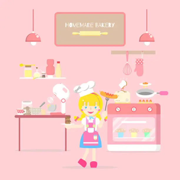 Vector illustration of the interior kitchen room homemade bakery,girl with apron,furniture and kitchenware oven, shelf, machine in pink theme background flat vector illustration