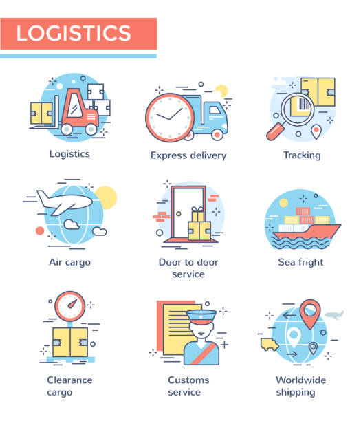 Logistics concept icons. Logistics concept icons, thin line, flat design truck weigh station stock illustrations
