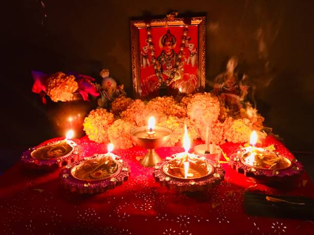 istock Laxmi goddess and oil lamp 1064877276