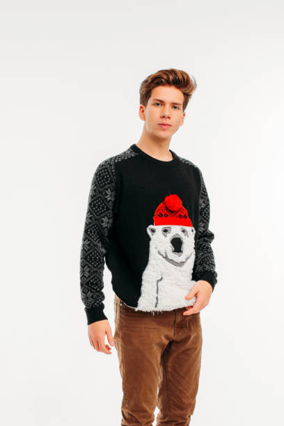白い背景の上の居心地の良いクマのセーターで若い男 - christmas fashion model human arm beautiful ストックフォトと画像