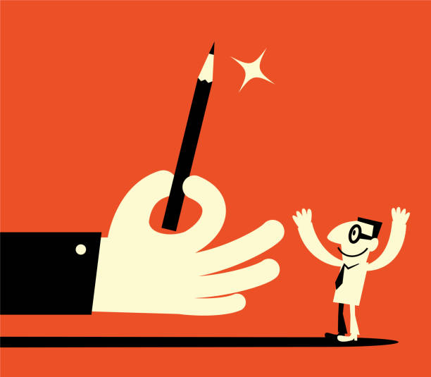Big hand giving pencil to man Unique Characters Full Length Vector art illustration.Copy Space.
Big hand giving pencil to man. man writing stock illustrations