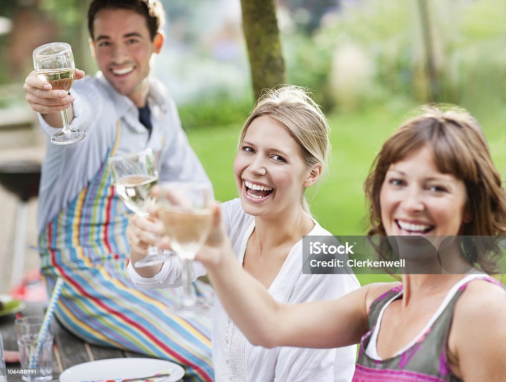 Grupo de amigos com taças de vinho, sorrindo - Foto de stock de 25-30 Anos royalty-free