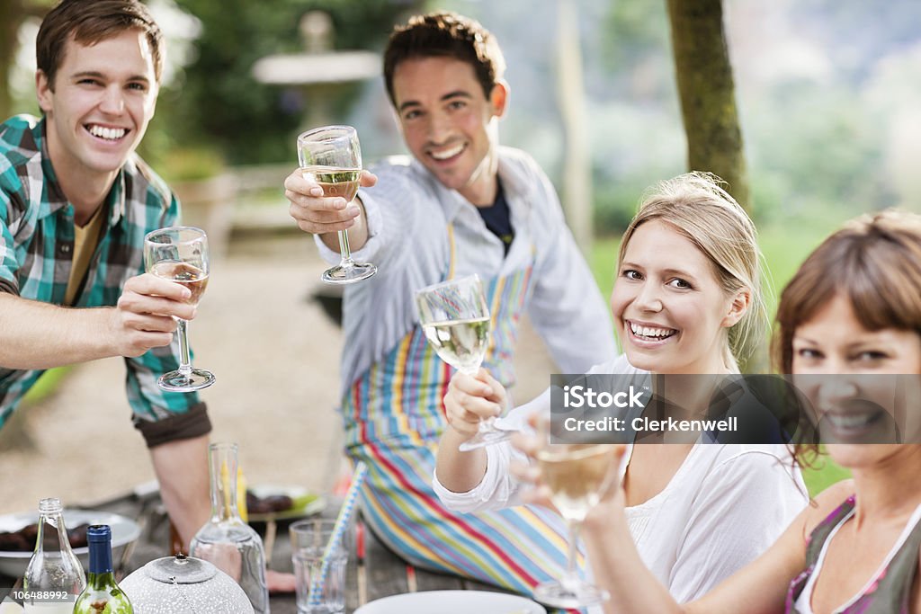 Gruppe von Freunden anstoßen Weingläser auf Picknick, Porträt - Lizenzfrei 25-29 Jahre Stock-Foto