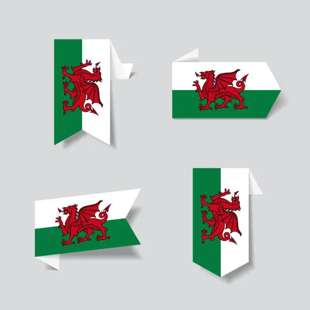 Vector illustration of Welsh flag stickers and labels. Vector illustration.