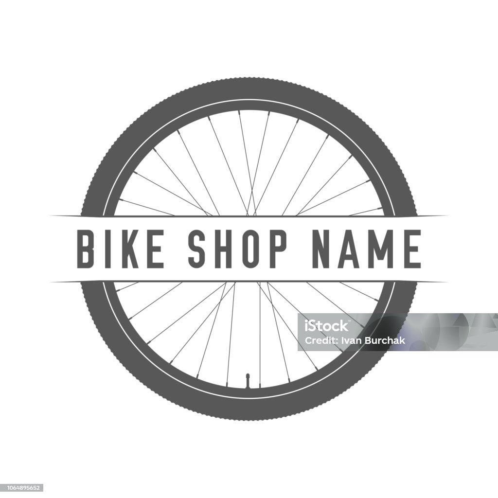 Bikes Shop Emblem. Design Element for Bike Shop or Advertising Banner Bikes Shop Emblem. Design Element for Bike Shop or Advertising Banner. Bicycle Wheel Silhouette and Place for Your Bike Shop Name, Monochrome Vector Illustration. Cycling stock vector