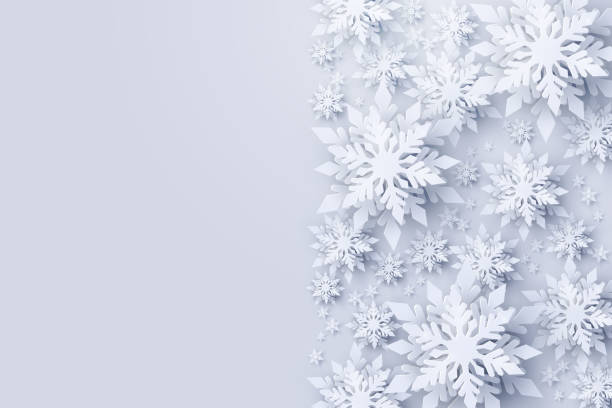 Vector Christmas and Happy New Year background Vector Merry Christmas and Happy New Year greeting card design with frame made of 3d white realistic layered paper cut snowflakes. Seasonal Christmas and New Year holidays paper template background holiday sale stock illustrations