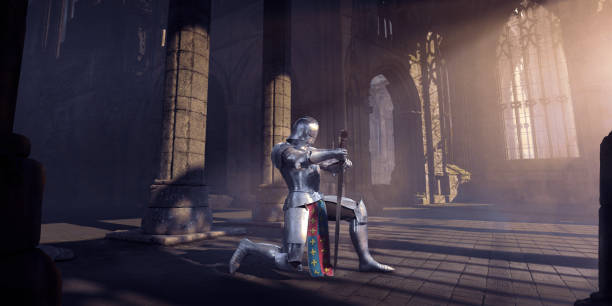 Medieval Knight Kneeling With Sword in Gothic Building At Dawn