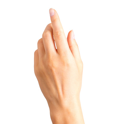 Woman hand with the index finger pointing up. Isolated with clipping path.