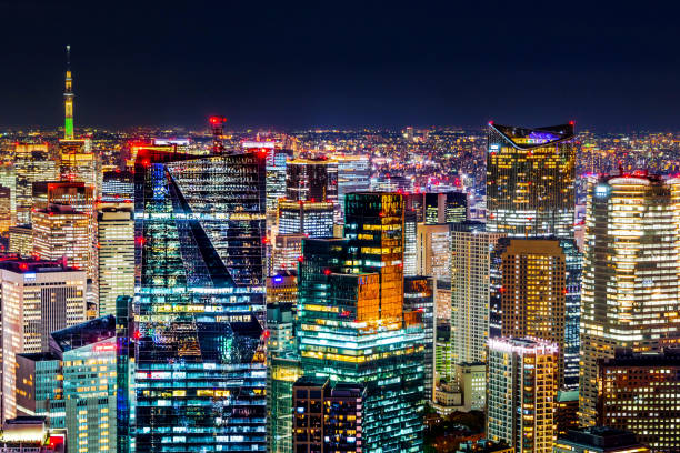 tokyo tower and city skyline under blue night