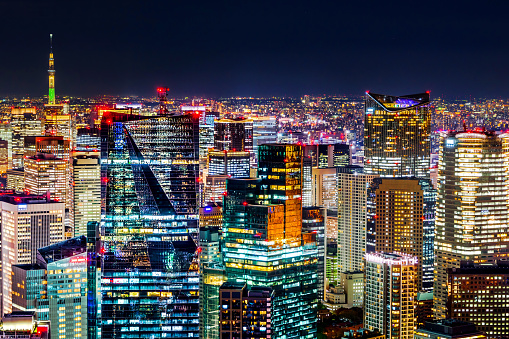 Asia Business concept for real estate & corporate construction - panoramic modern city skyline with neon night in Roppongi Hill, Tokyo, Japan